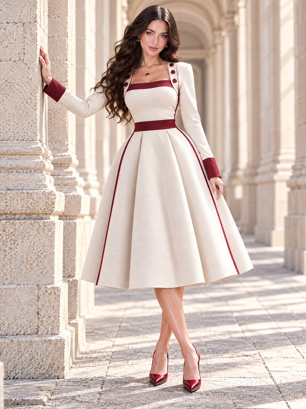 Vintage Cream Burgundy Trim Square Neck Midi Dress