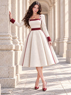 Vintage Cream Burgundy Trim Square Neck Midi Dress