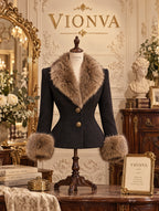 Vintage Faux Fur Collar Fitted Wool Short Jacket