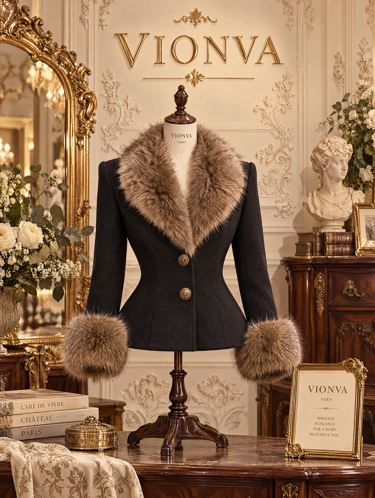Vintage Faux Fur Collar Fitted Wool Short Jacket