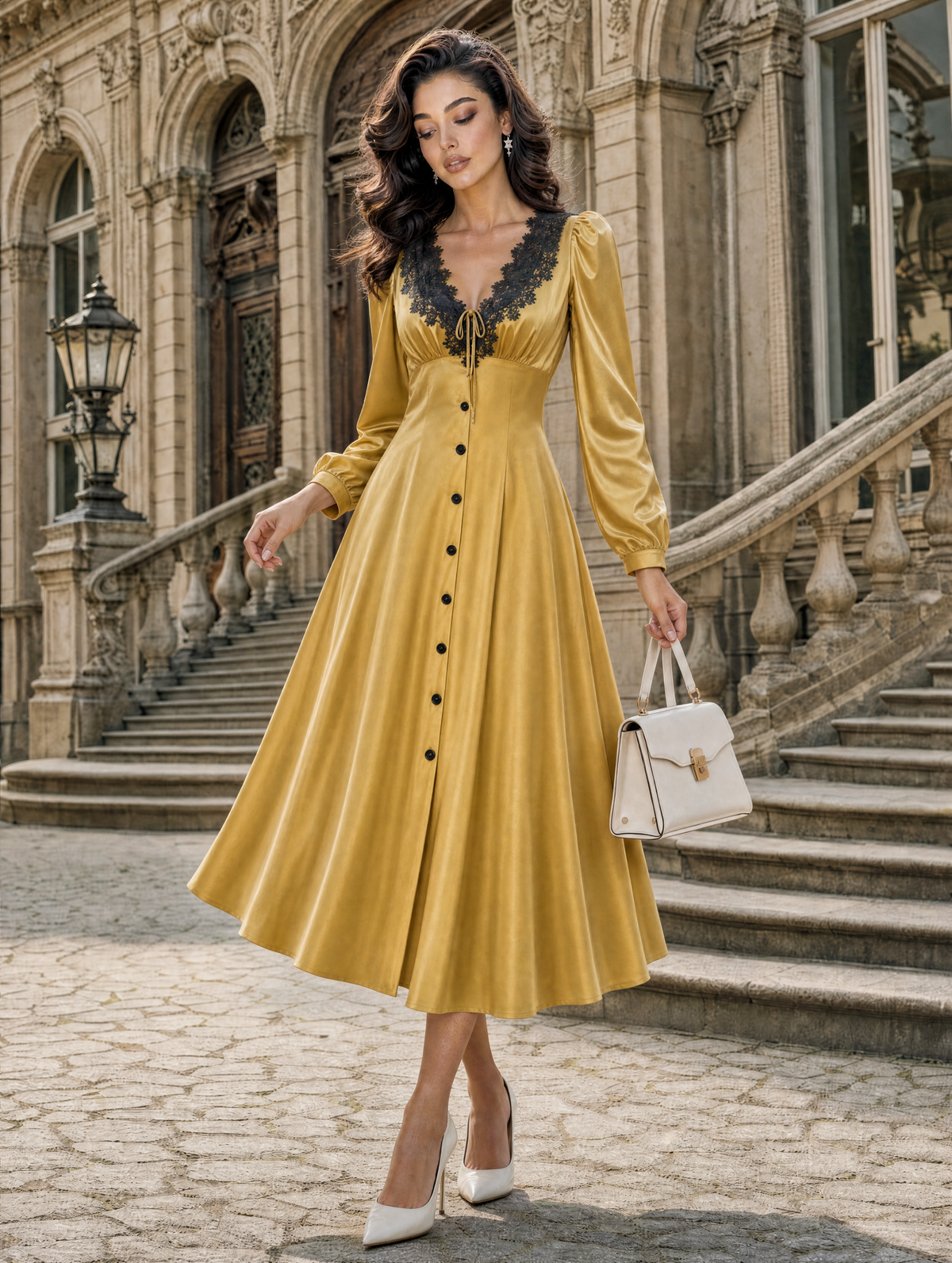 Retro Gold Lace Trim Midi Dress