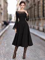 Vintage Tulle Spliced Off-the-Shoulder Swing Midi Dress