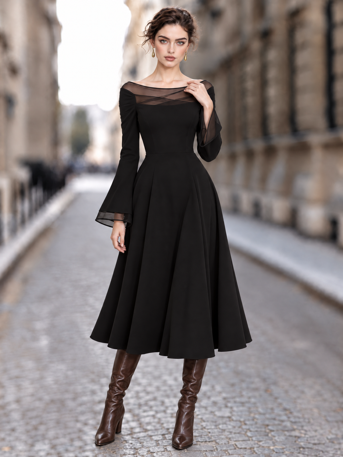 Vintage Tulle Spliced Off-the-Shoulder Swing Midi Dress
