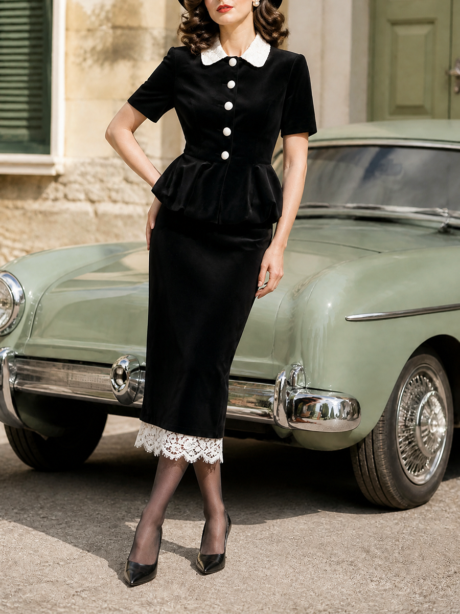 Vintage Black Velvet Peplum Top & Bodycon Pencil Skirt Two-Piece Set