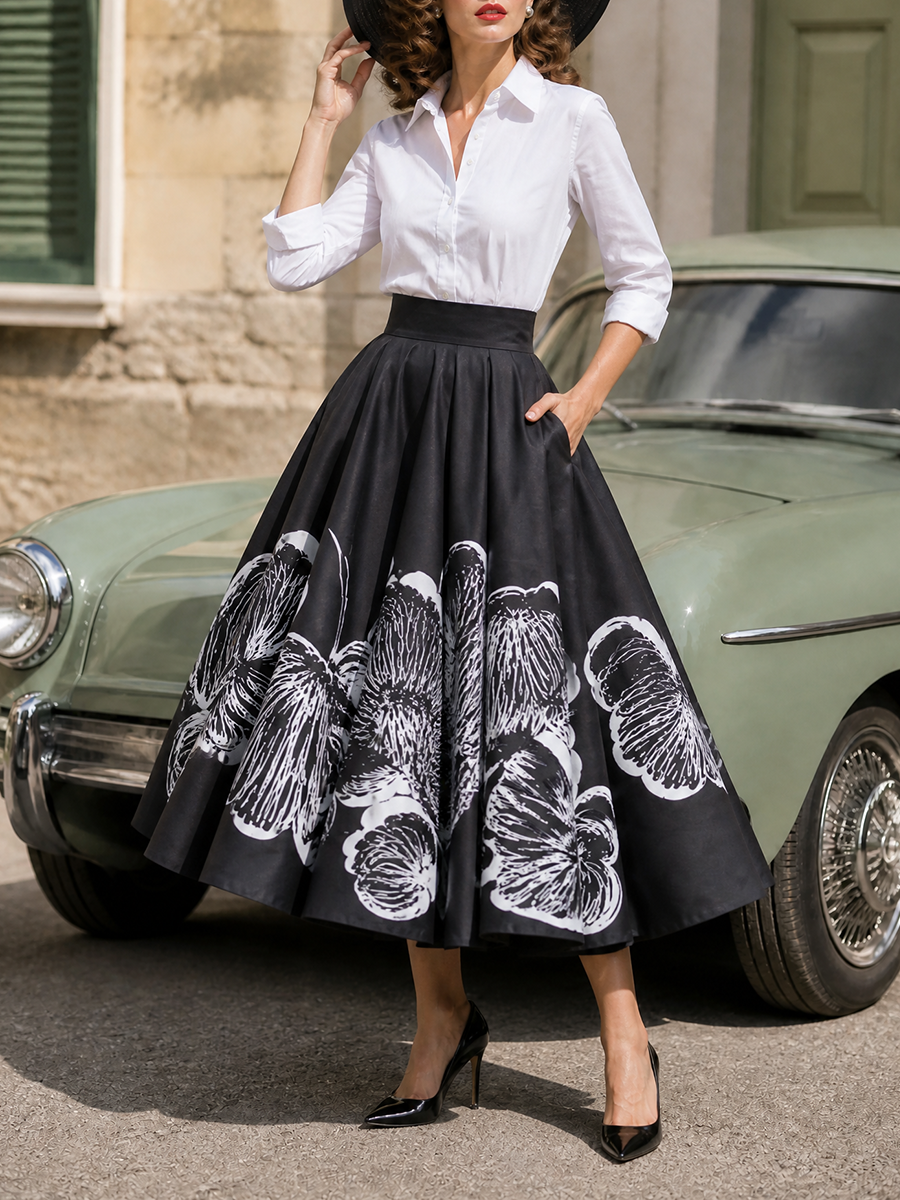 Retro Elegant Black Watercolor-Floral Print Maxi Skirt