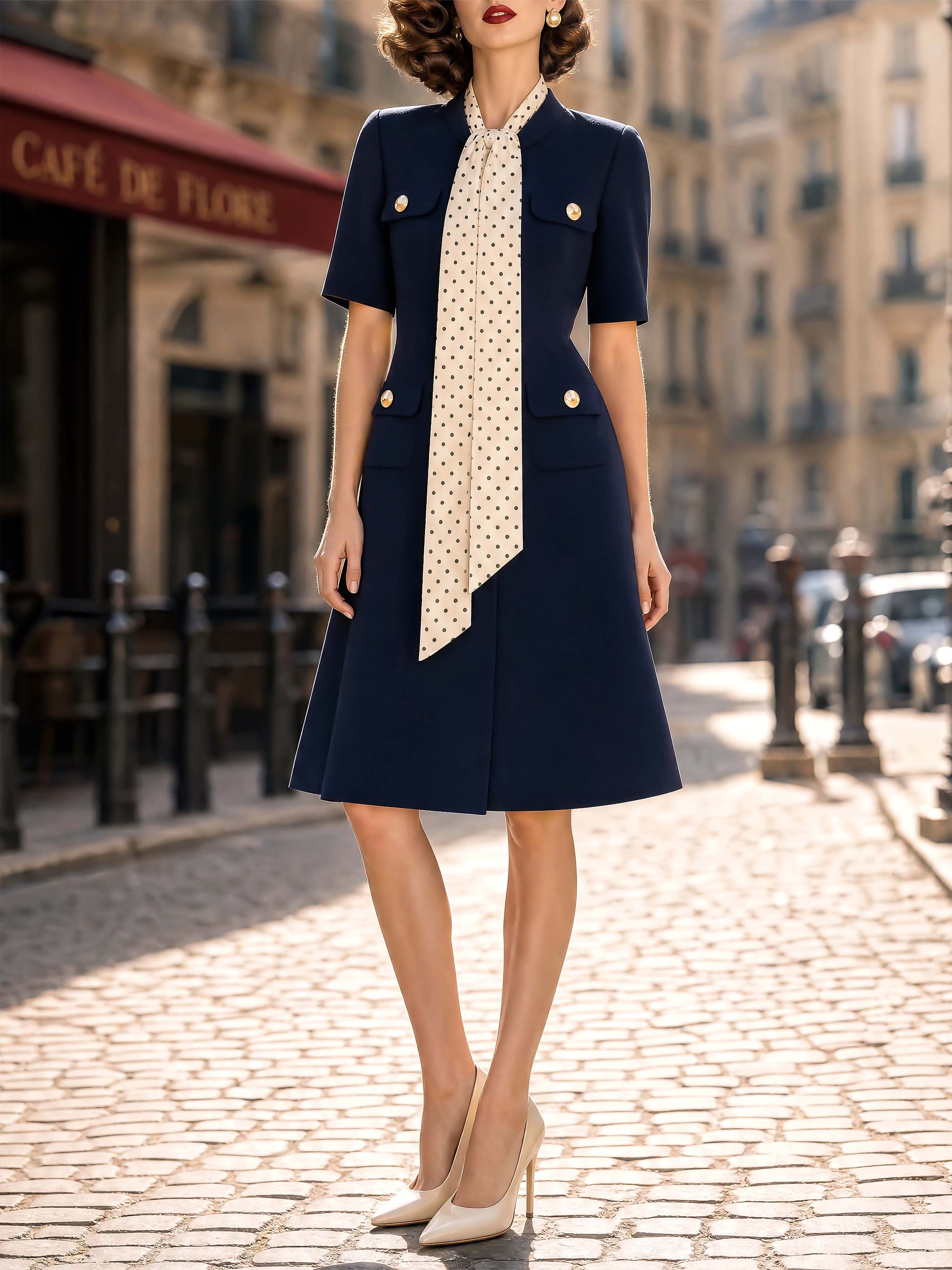 Vintage Tie Neck A-line Midi Dress