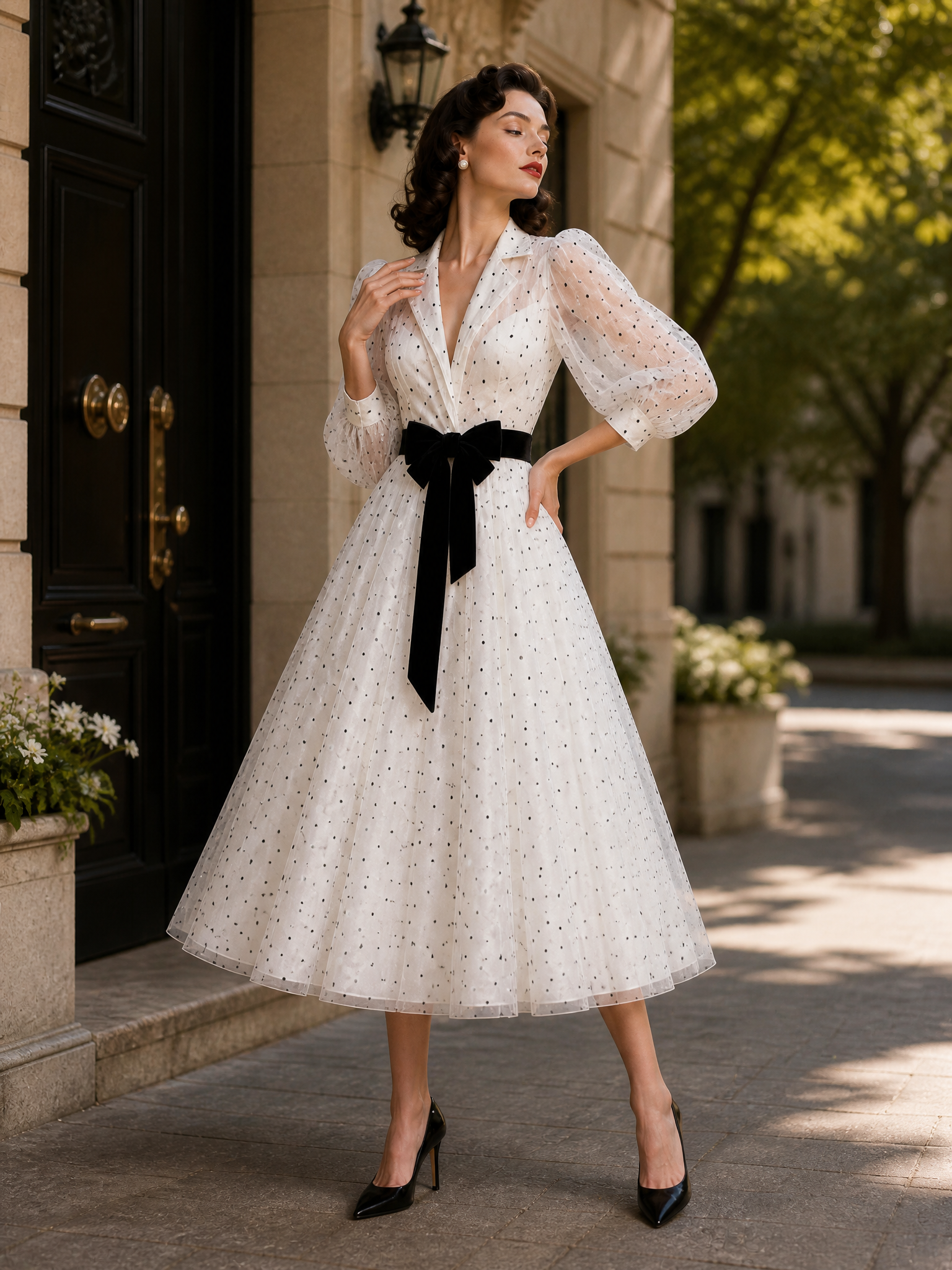 Vintage Polka Dot Print Colorblock Belted Maxi Dress