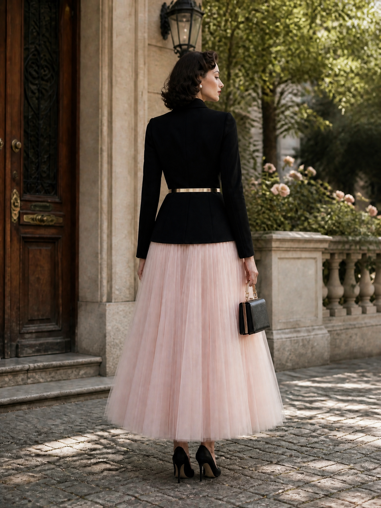 Vintage Cinched Waist Top & Tulle Skirt Two-Piece Set