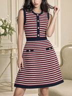 Retro Striped Knit Sleeveless Mini Women Dress