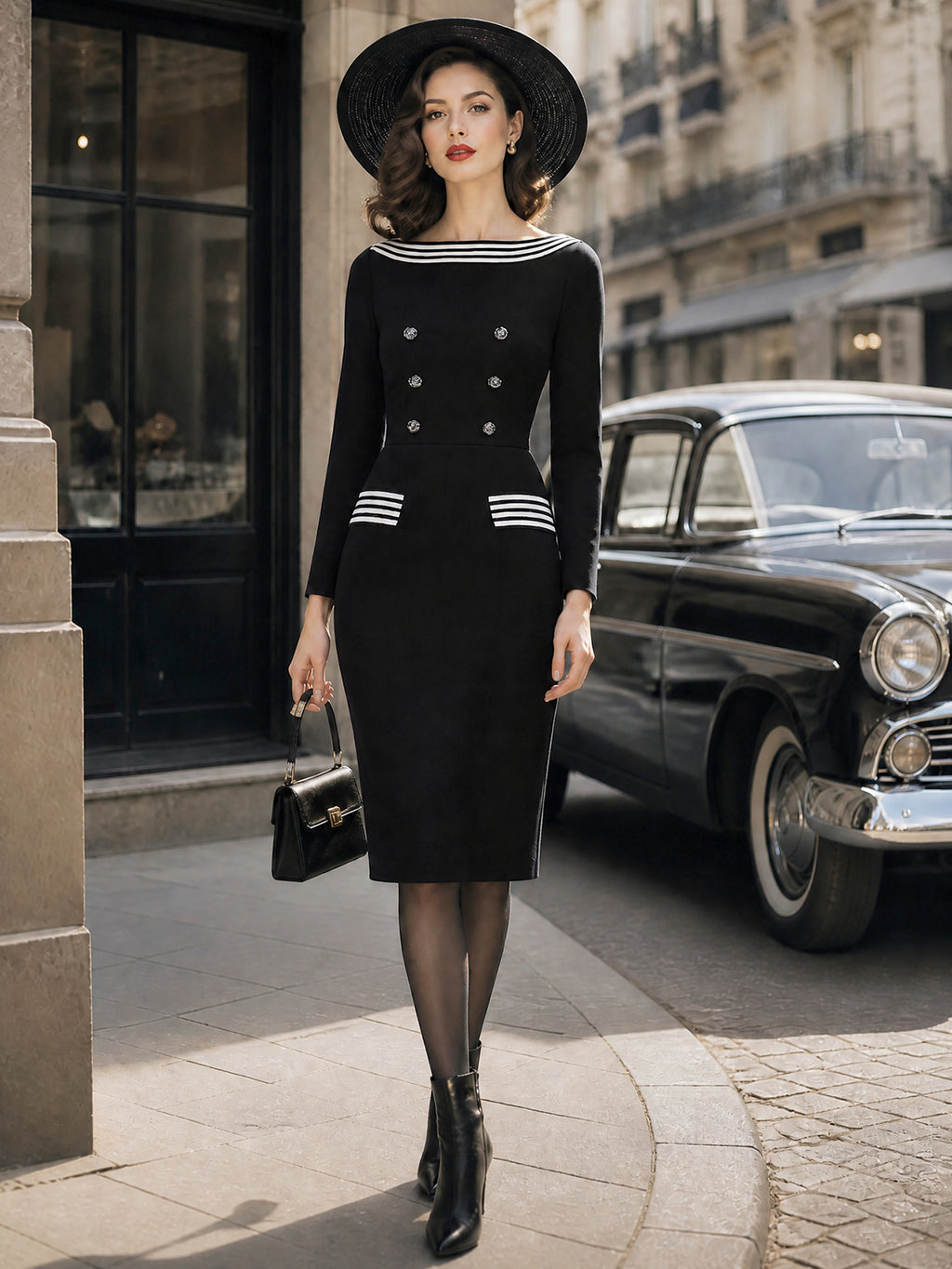 Vintage Black White-Stripe Boat-Neck Double-Breasted Knit Dress