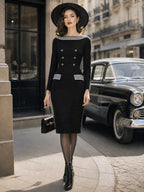 Vintage Black White-Stripe Boat-Neck Double-Breasted Knit Dress