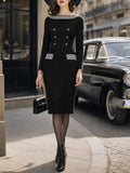 Vintage Black White-Stripe Boat-Neck Double-Breasted Knit Dress