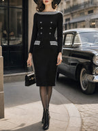 Vintage Black White-Stripe Boat-Neck Double-Breasted Knit Dress