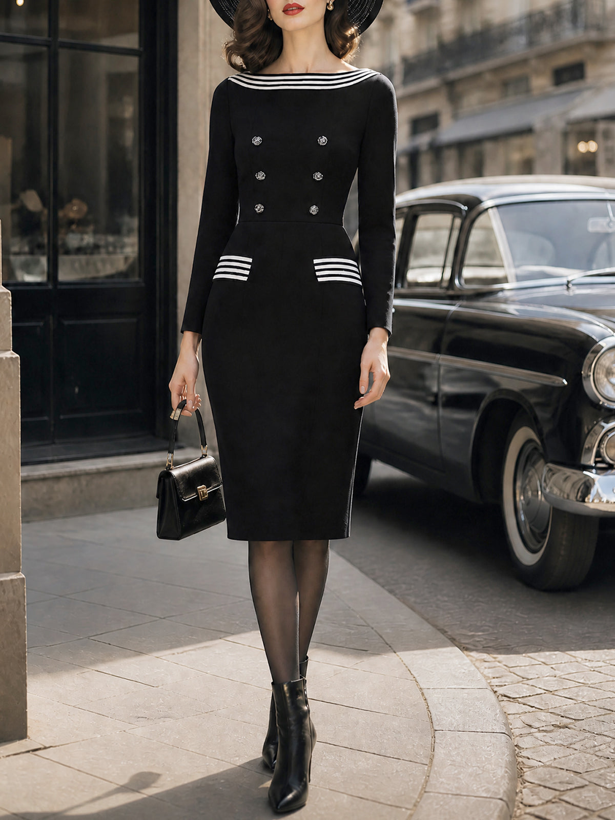 Vintage Black White-Stripe Boat-Neck Double-Breasted Knit Dress