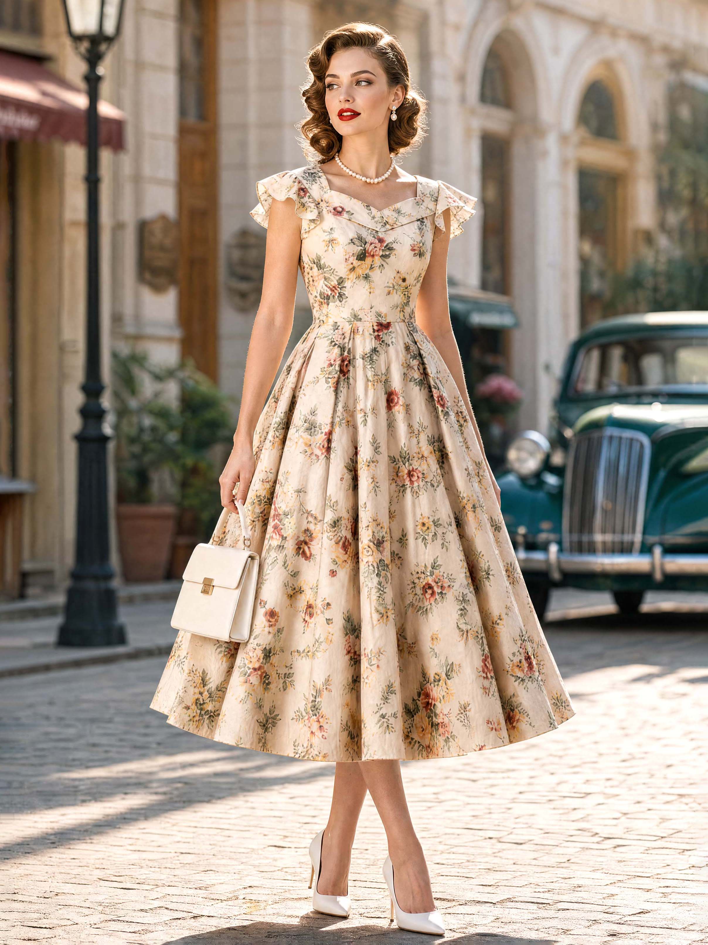 Vintage Floral Square Neck Swing Dress