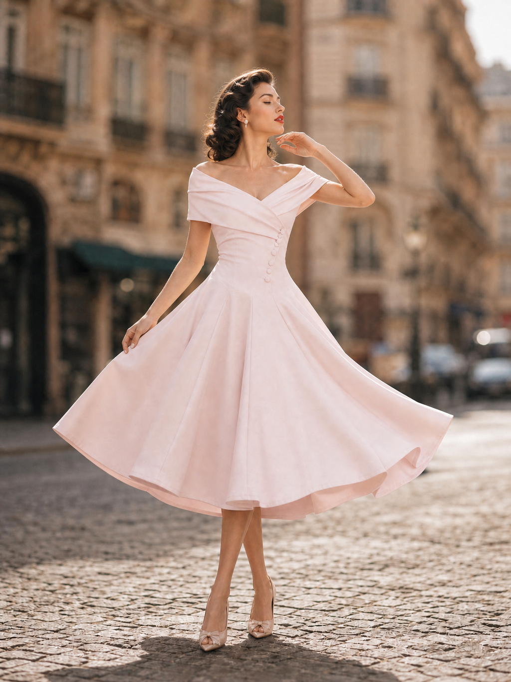 1950s Vintage Pink Off-Shoulder Button-Detail Fit-and-Flare Midi Dress