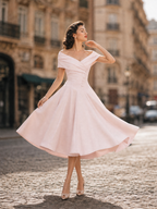 1950s Vintage Pink Off-Shoulder Button-Detail Fit-and-Flare Midi Dress