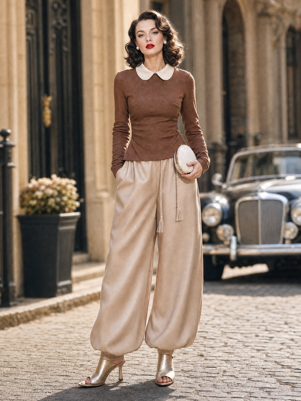 Vintage Peter Pan Collar Knit Top & Drawstring Harem Pants Set