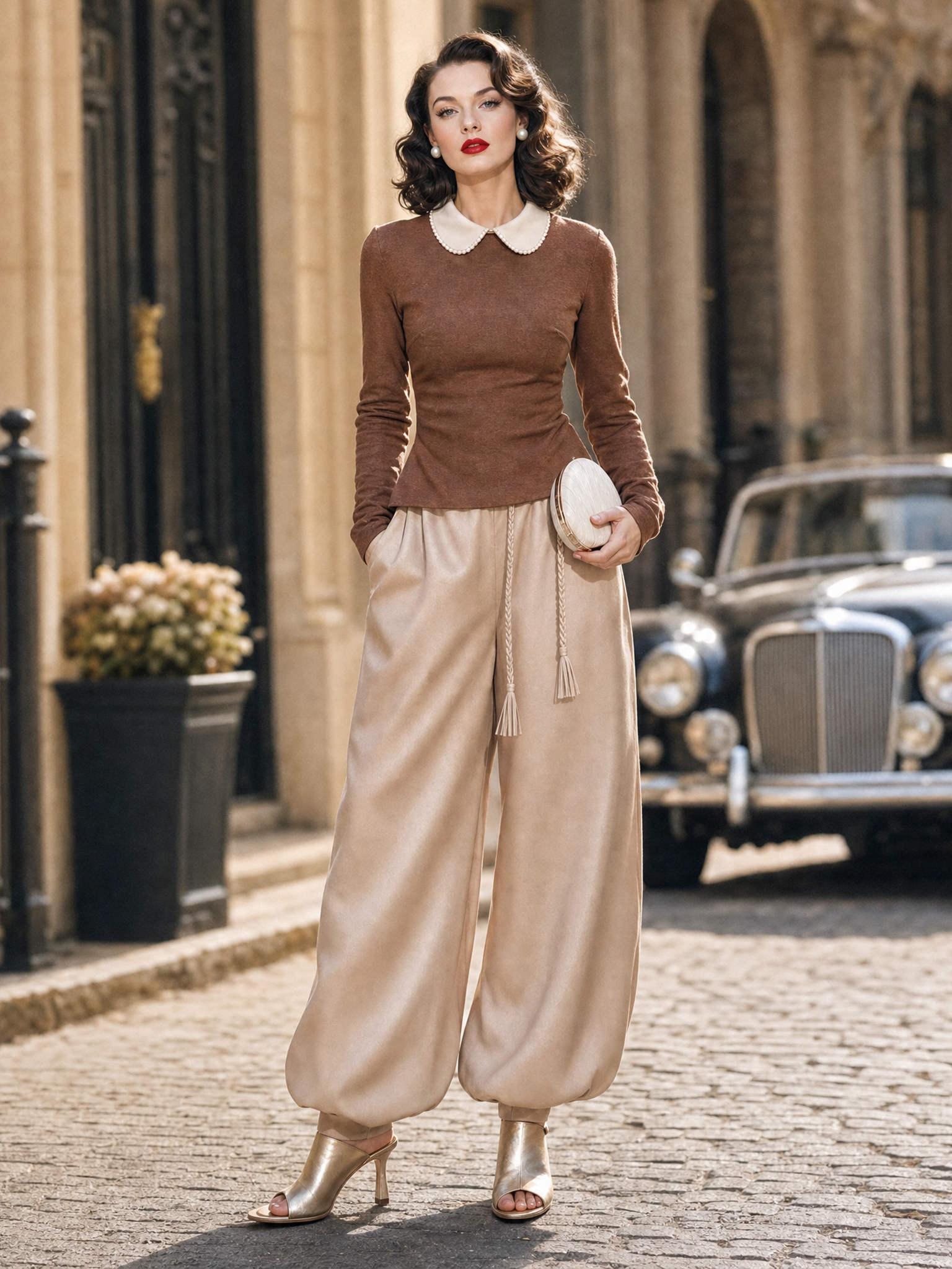 Vintage Peter Pan Collar Knit Top & Drawstring Harem Pants Set
