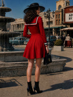 Vintage Red Sailor-Collar Bow Suede Skater Dress