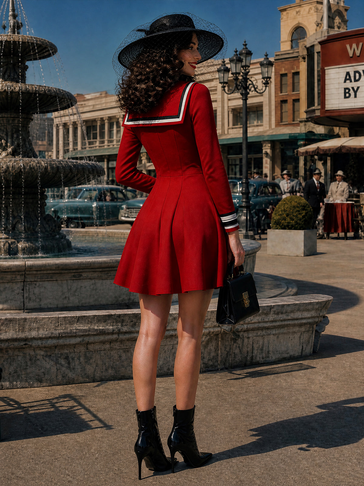 Vintage Red Sailor-Collar Bow Suede Skater Dress
