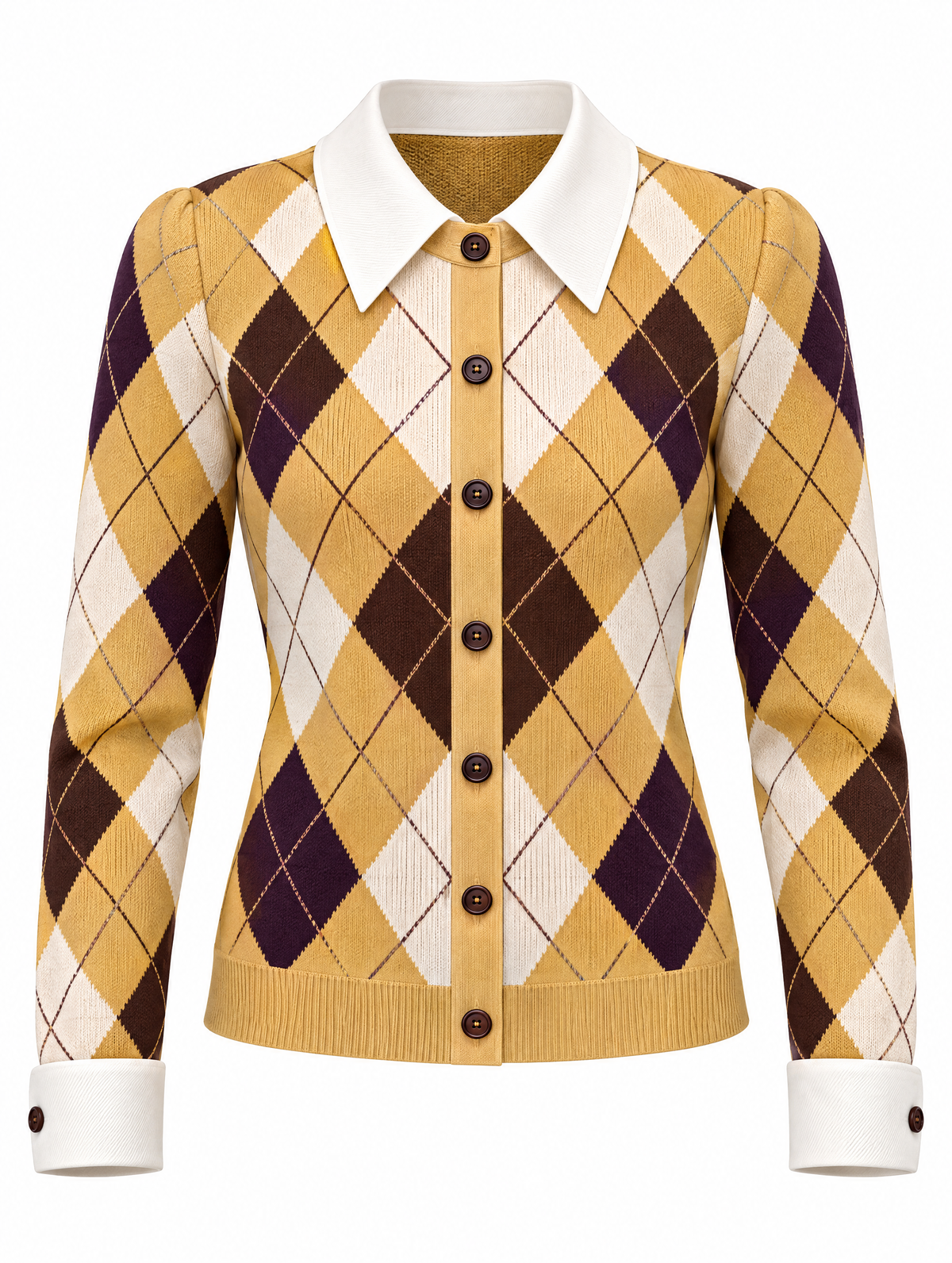 Vintage Retro Argyle Button‑Front Knit Blouse