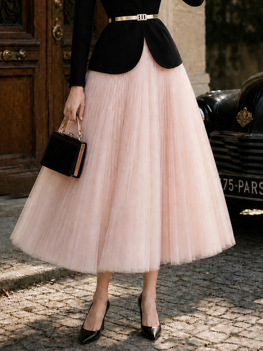 Vintage Cinched Waist Top & Tulle Skirt Two-Piece Set