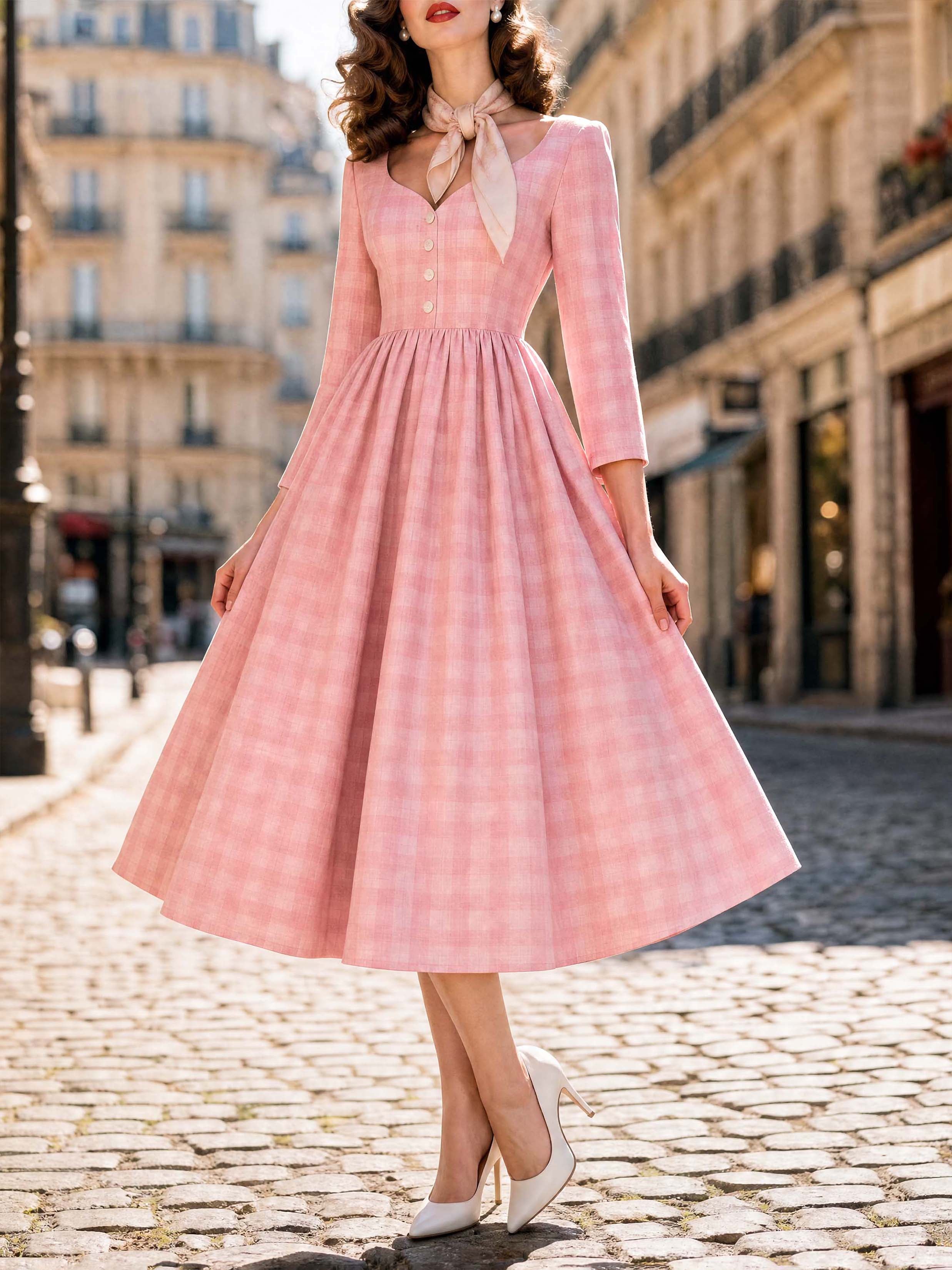 Vintage Pink Check Swing Midi Dress