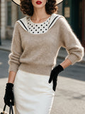 Vintage Beige Sailor-Collar Fuzzy Mohair Knit Sweater
