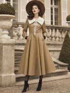 Vintage Camel Faux-Fur Collar Bow-Tie Leather Dress