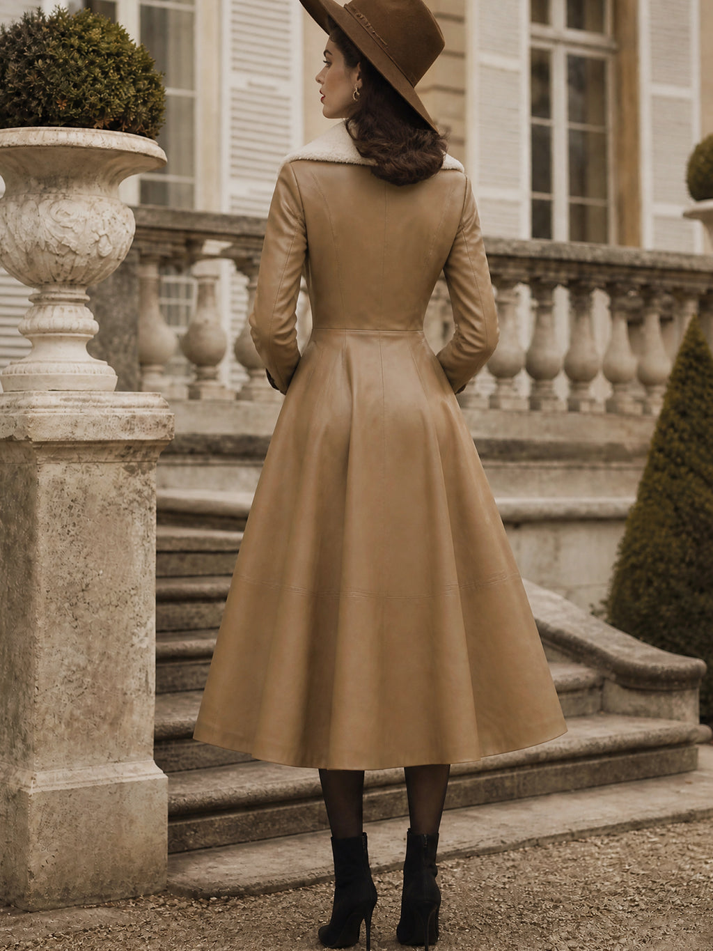 Vintage Camel Faux-Fur Collar Bow-Tie Leather Dress