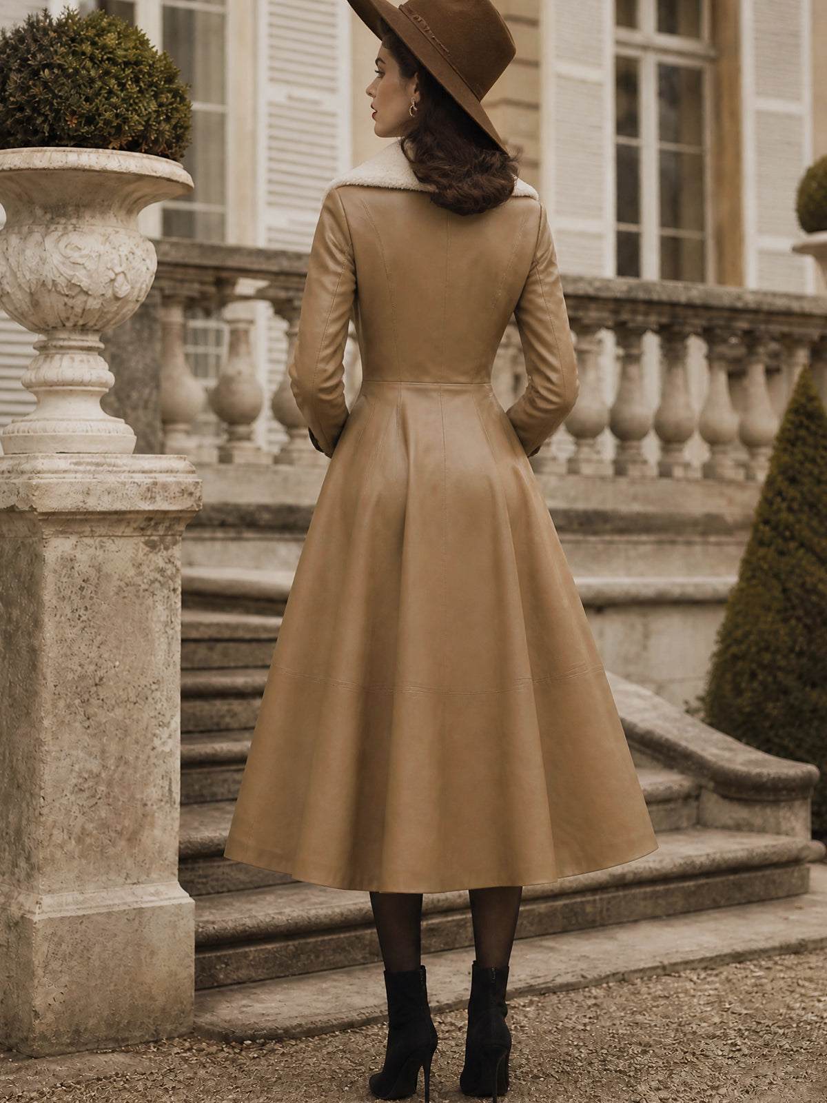 Vintage Camel Faux-Fur Collar Bow-Tie Leather Dress