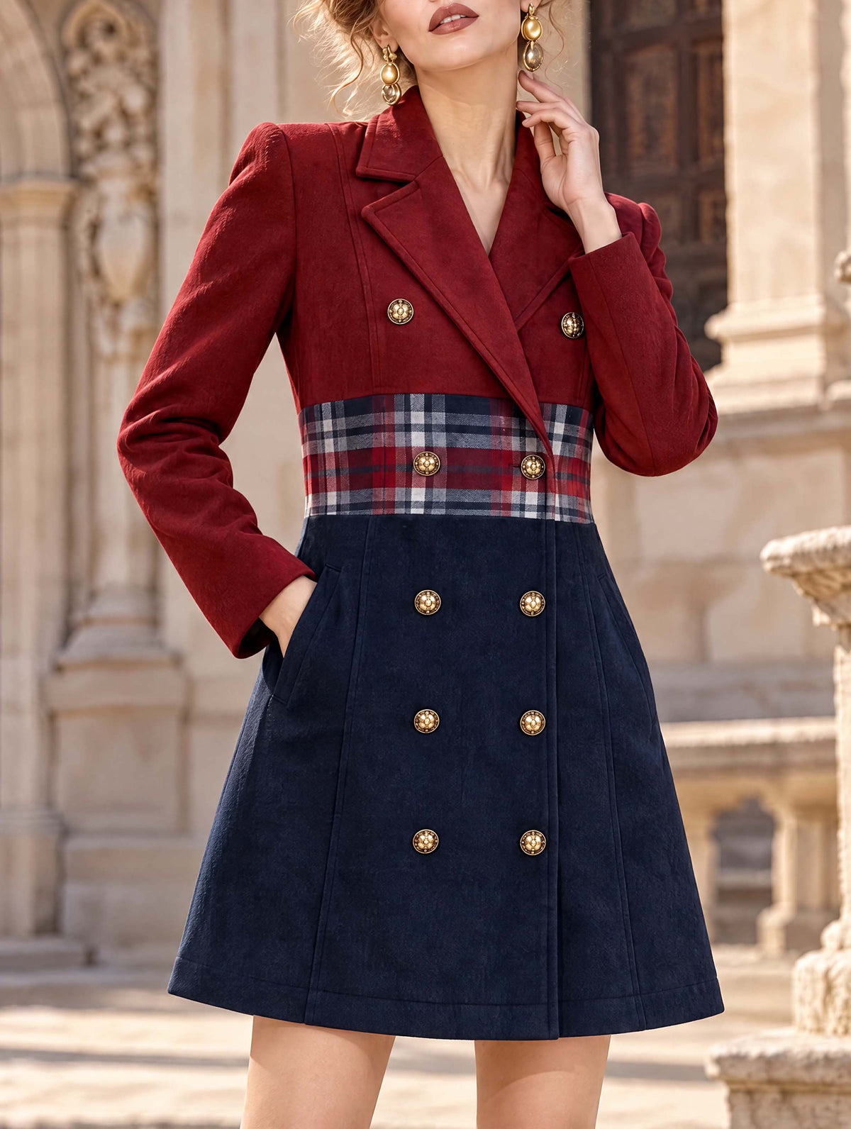 Retro Notched Lapel Double‑Breasted Midi Dress Coat