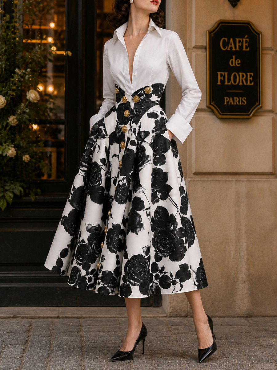Vintage Floral Print High-Waist Skirt & Shirt Two Piece Set