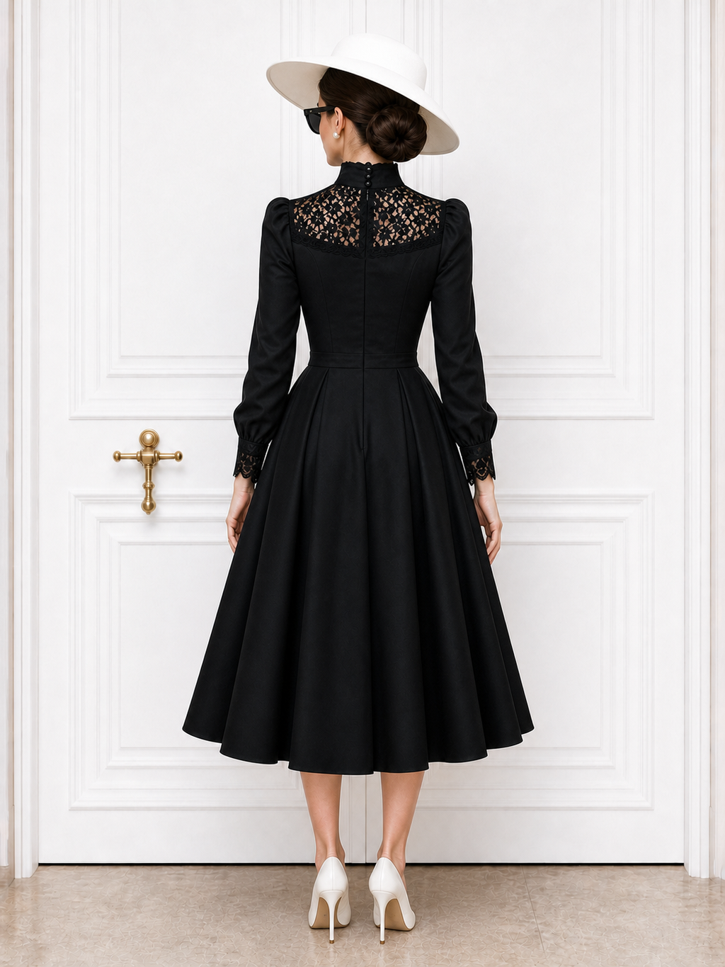 Vintage Lace‑Panel Flared Skirt Midi Dress