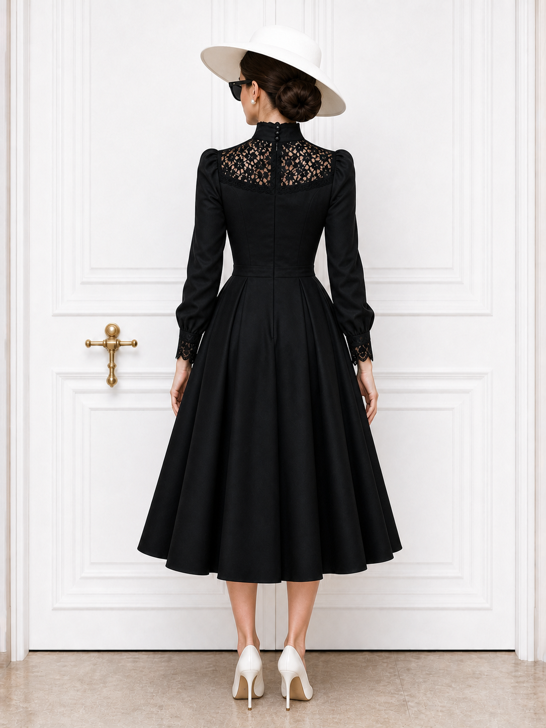 Vintage Lace‑Panel Flared Skirt Midi Dress