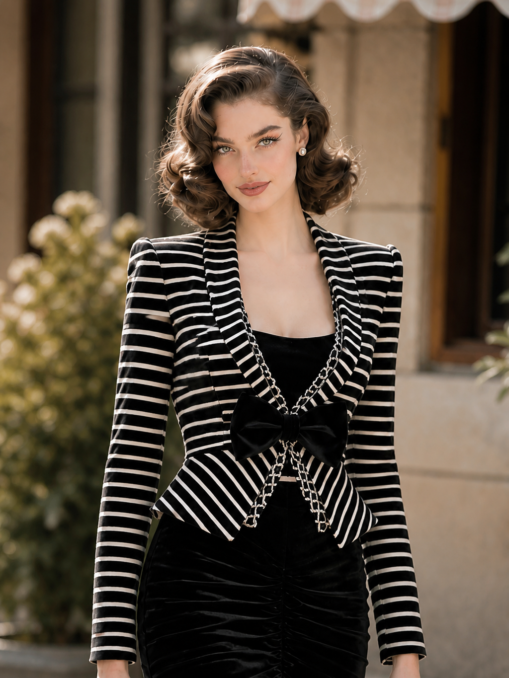 Vintage Striped Suit With Ruched Midi Skirt Set