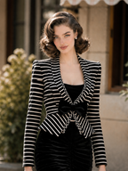 Vintage Striped Suit With Ruched Midi Skirt Set