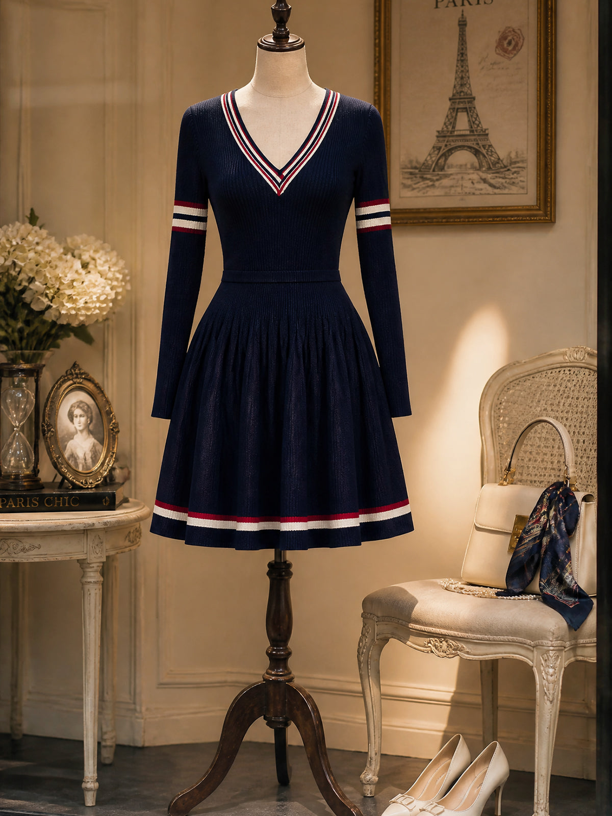 Vintage Navy Striped V-Neck Knit Dress