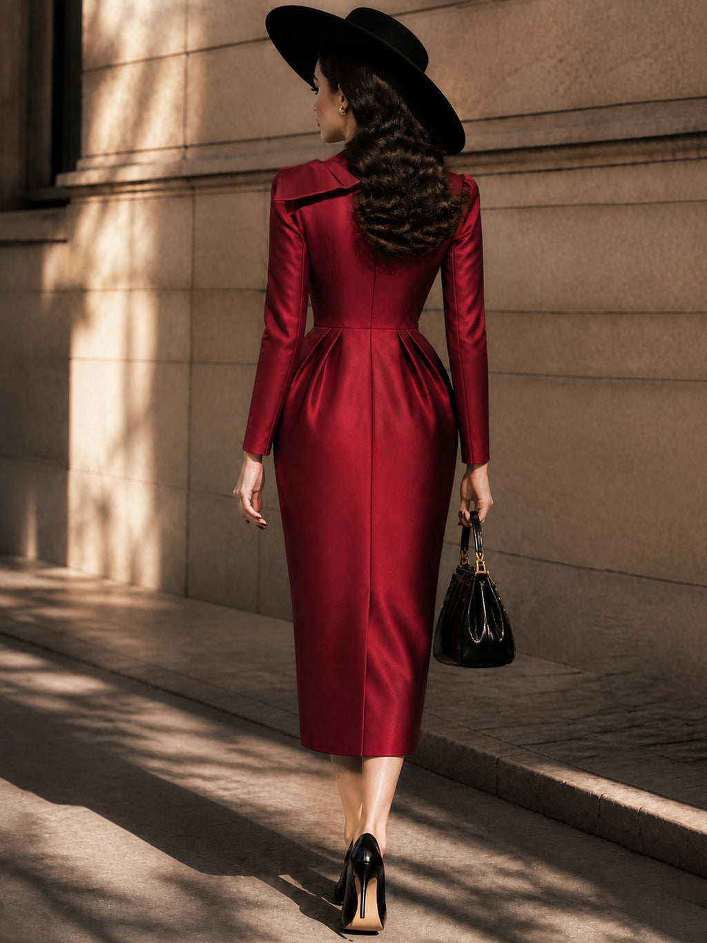 Vintage Red V-Neck Bow Long-Sleeve Satin Midi Dress