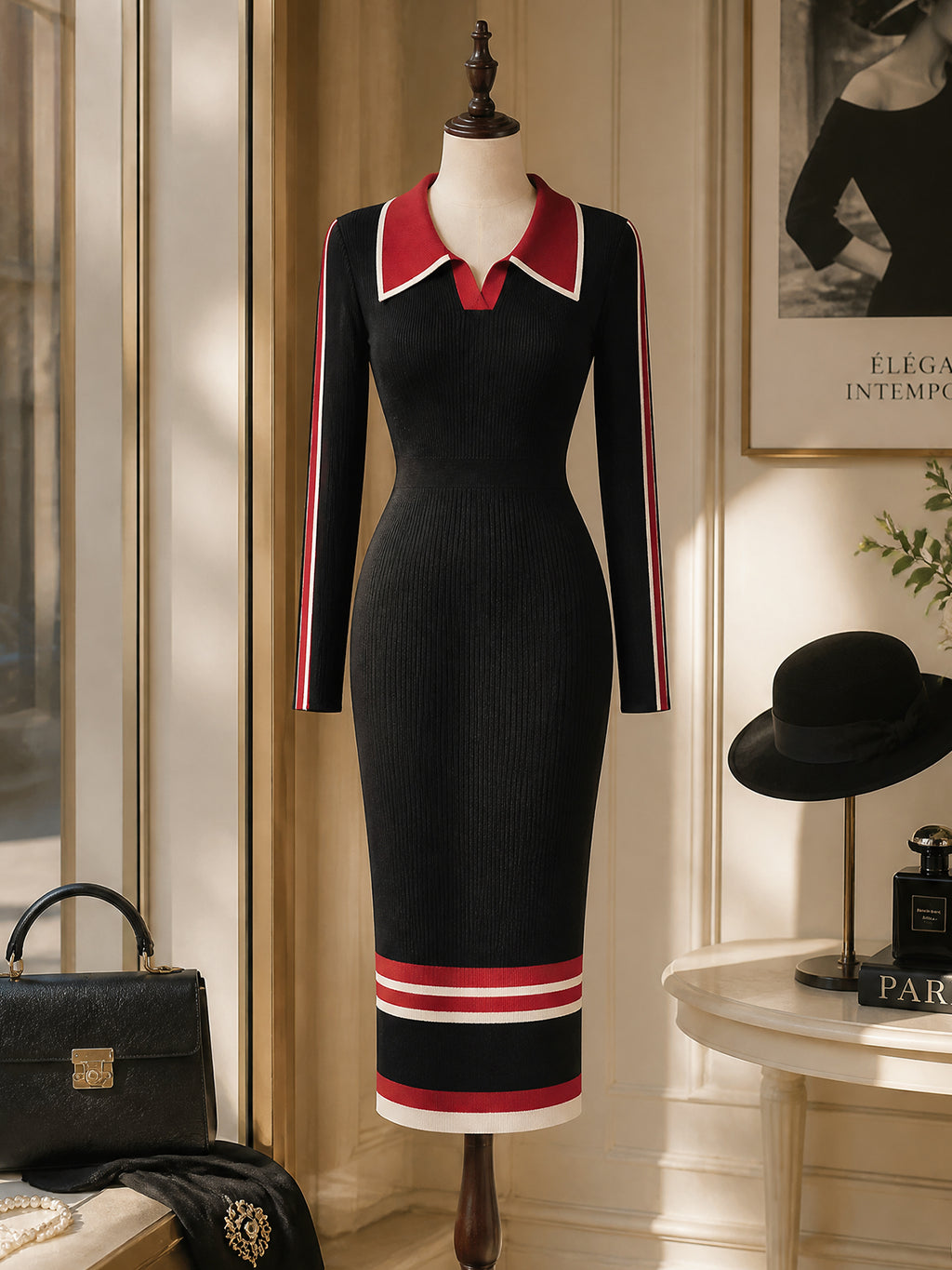 Vintage Black Red-Trim Polo-Collar Bodycon Knit Dress