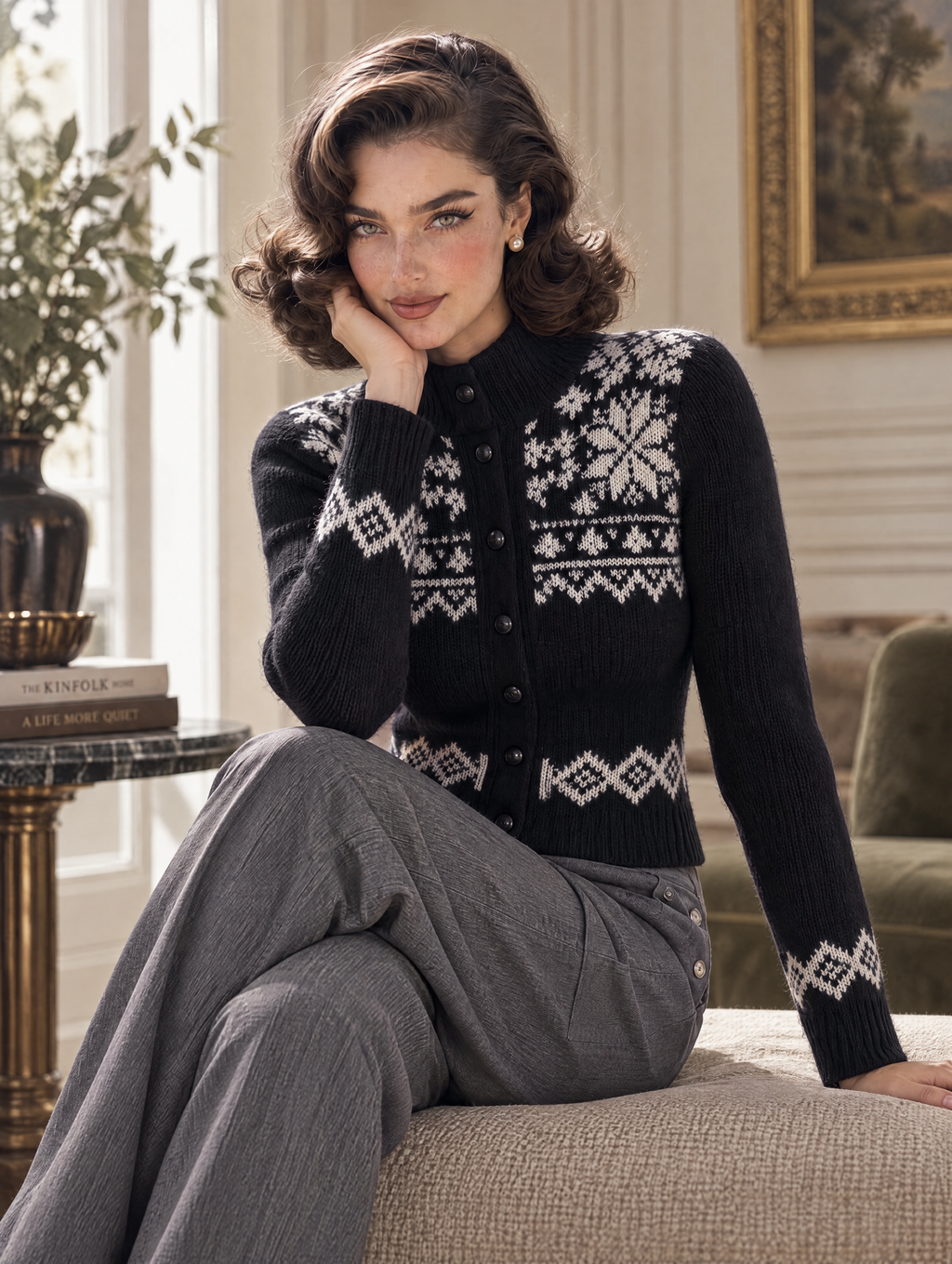 Retro Nordic Snowflake High Neck Knit Cardigan
