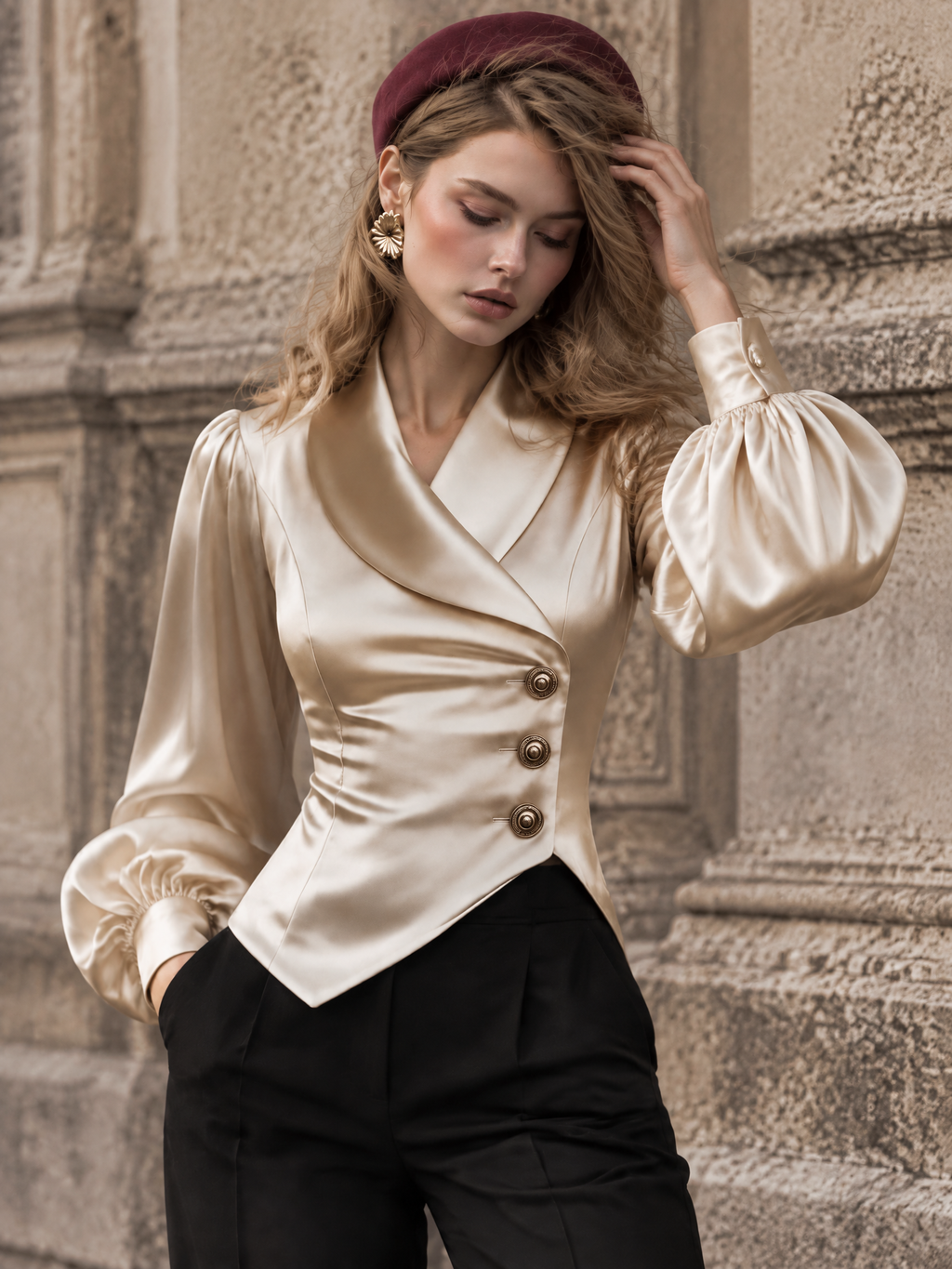 Vintage Satin Collar Long Sleeve Blouse