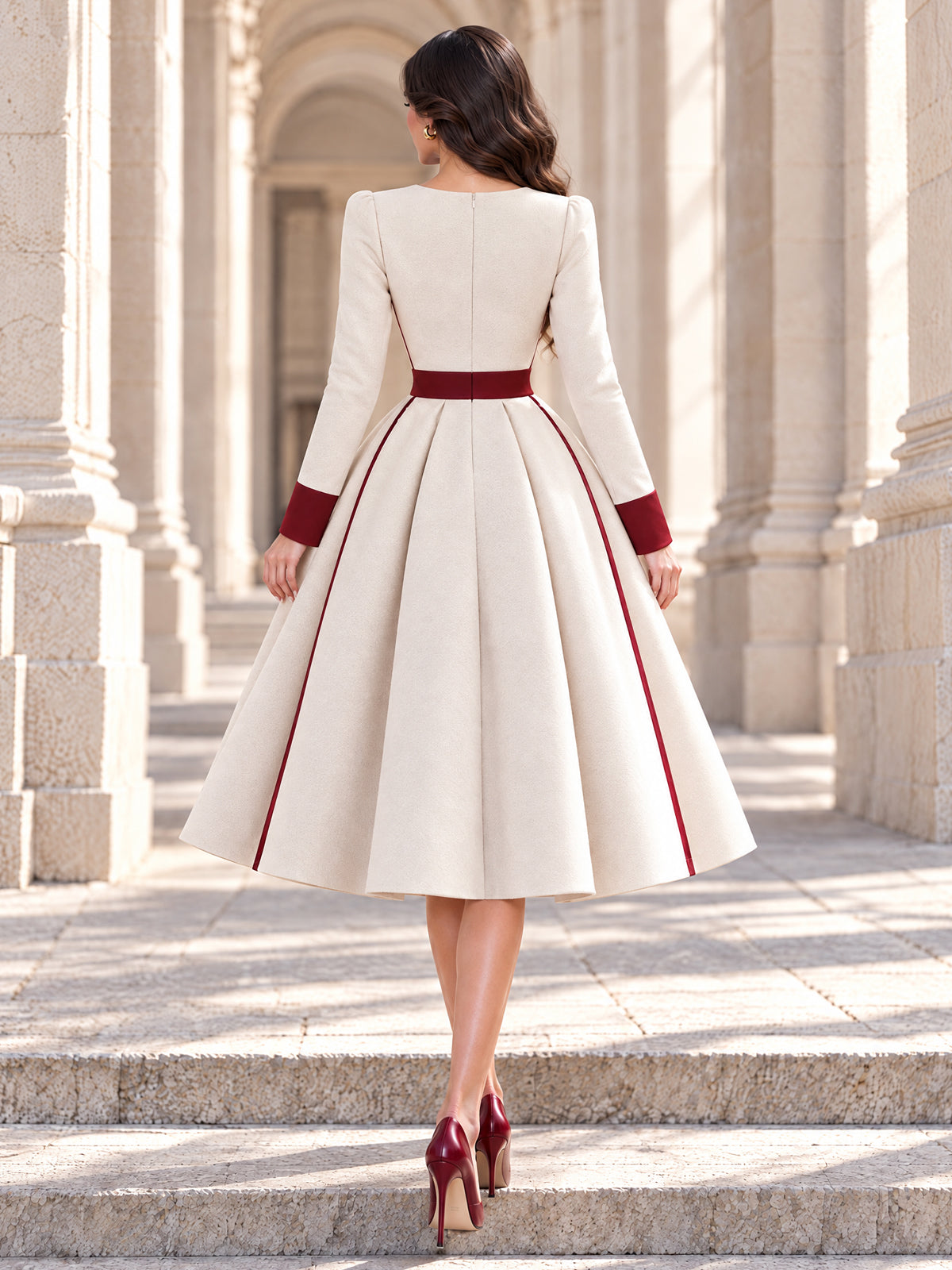 Vintage Cream Burgundy Trim Square Neck Midi Dress