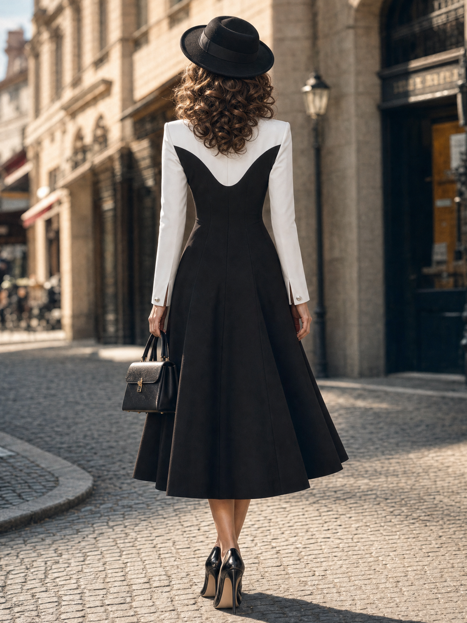 Vintage Black‑White Colorblock Bow Front Long Sleeve Split Cuff A‑Line Midi Dress