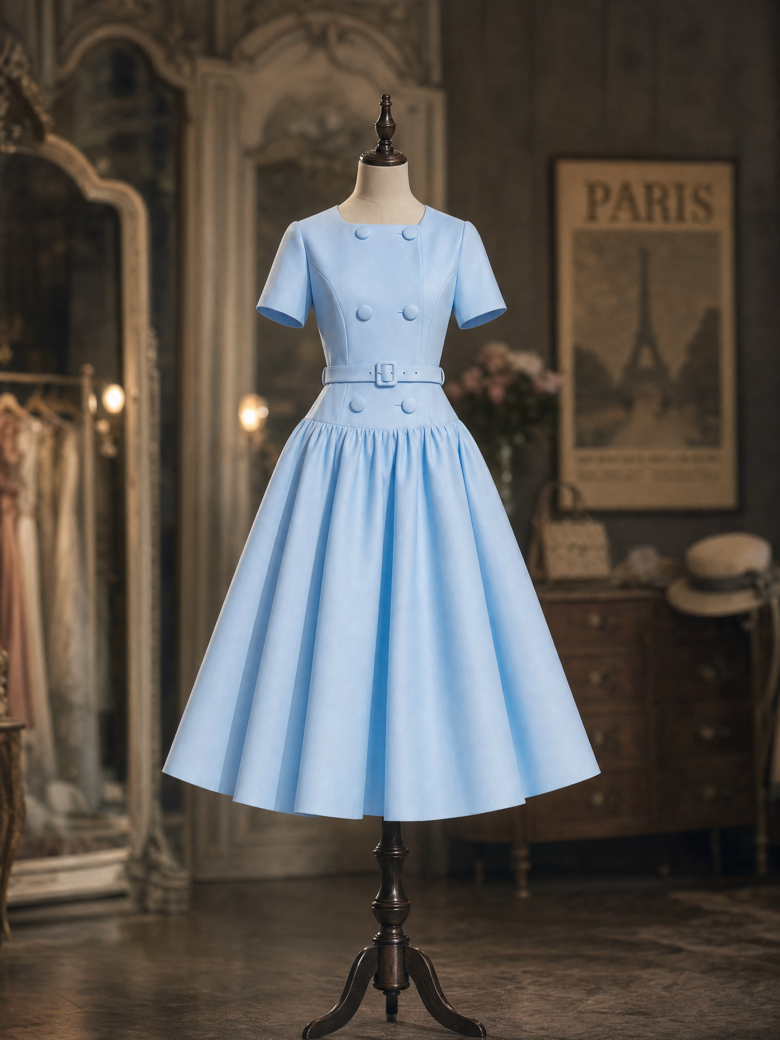 Vintage Double Breasted Satin Swing Midi Dress