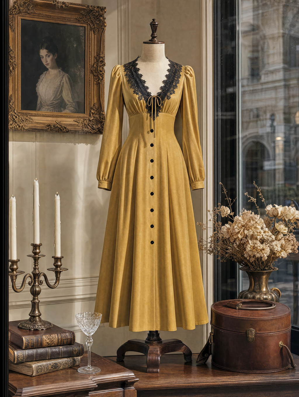 Retro Gold Lace Trim Midi Dress