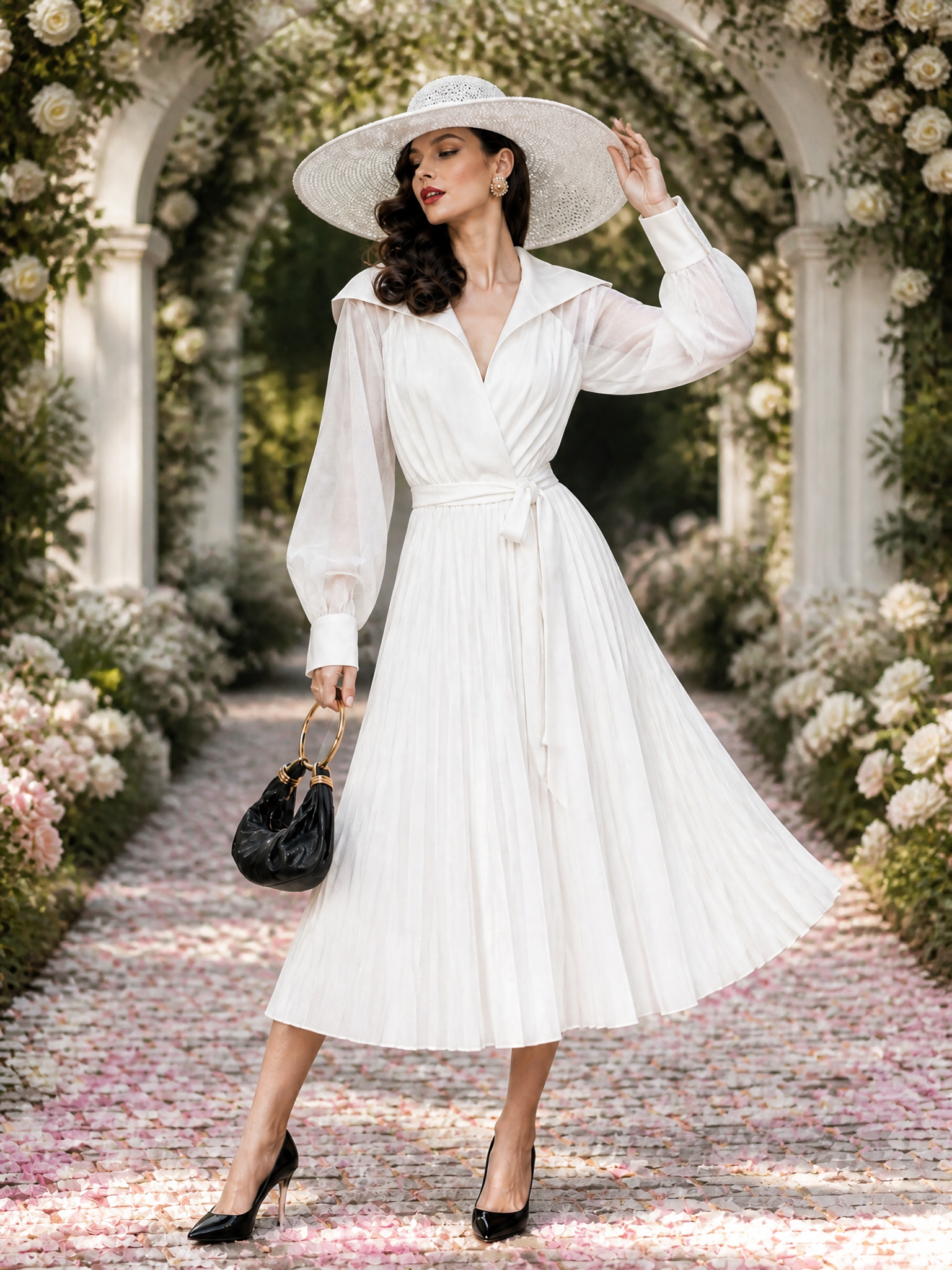Vintage French White Wrap V-neck Belted Midi Dress