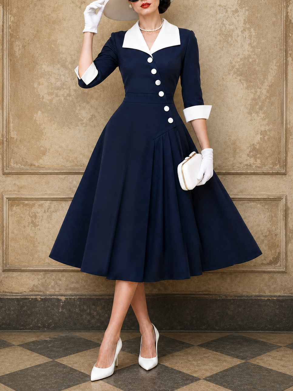 Vintage Sailor Collar Asymmetric Placket Pleated Midi Dress