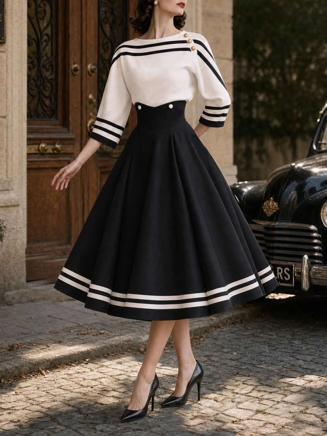 Vintage Color Contrast Striped Swing Skirt Two-piece Set